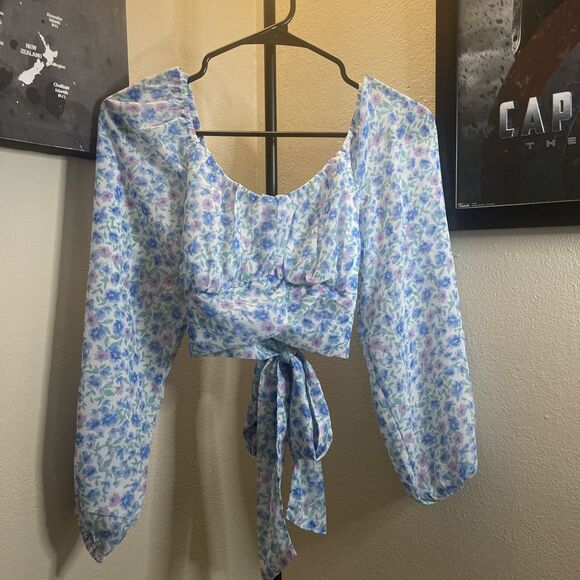 Japna White Blue Floral Pattern Long Puff Sleeve Back Tie Crop Top Blouse S - Picture 4 of 11